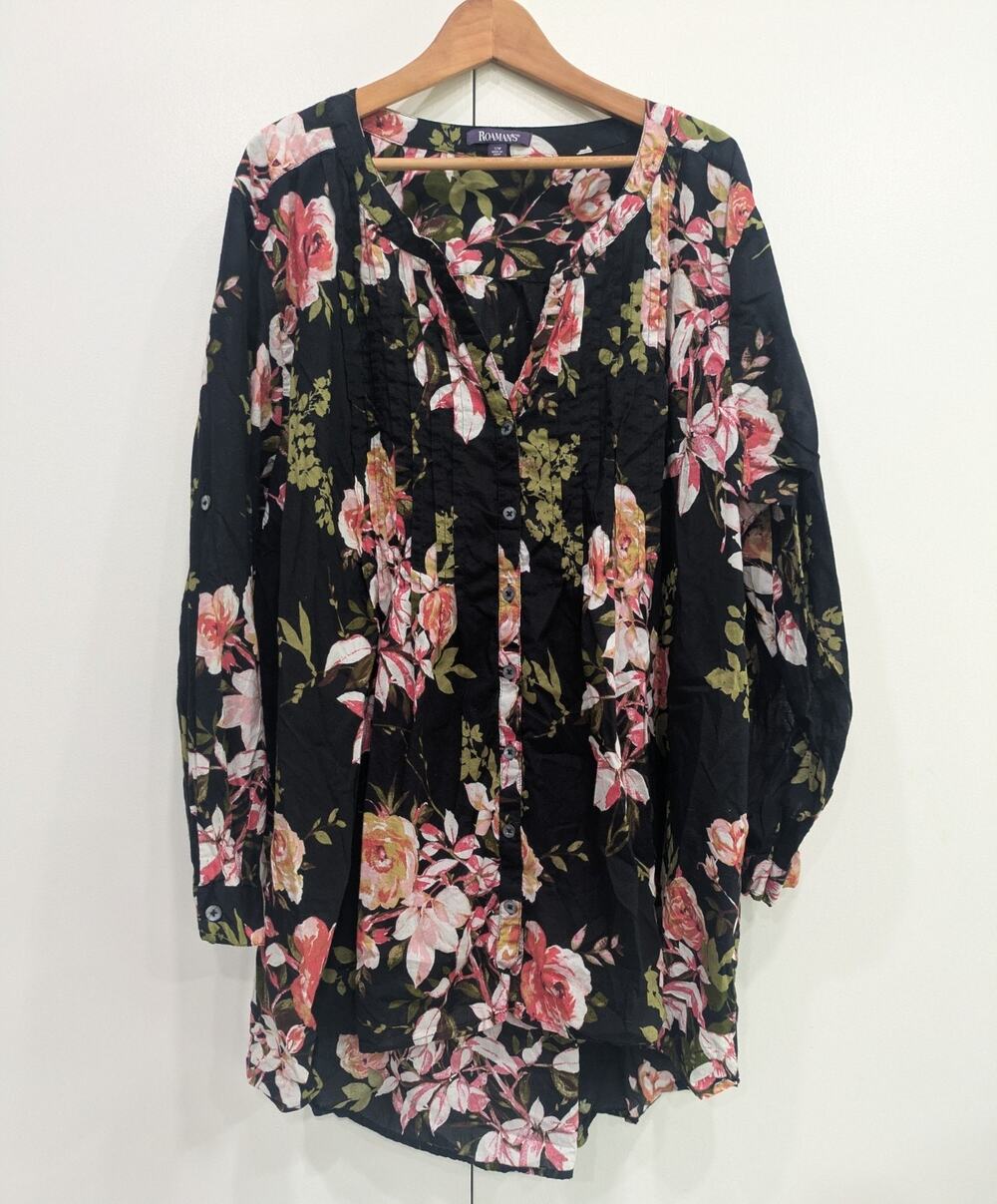 ROAMAN'S Plus Size Button Up Shirt Tunic Floral Blouse Cotton Cottagecore 32W